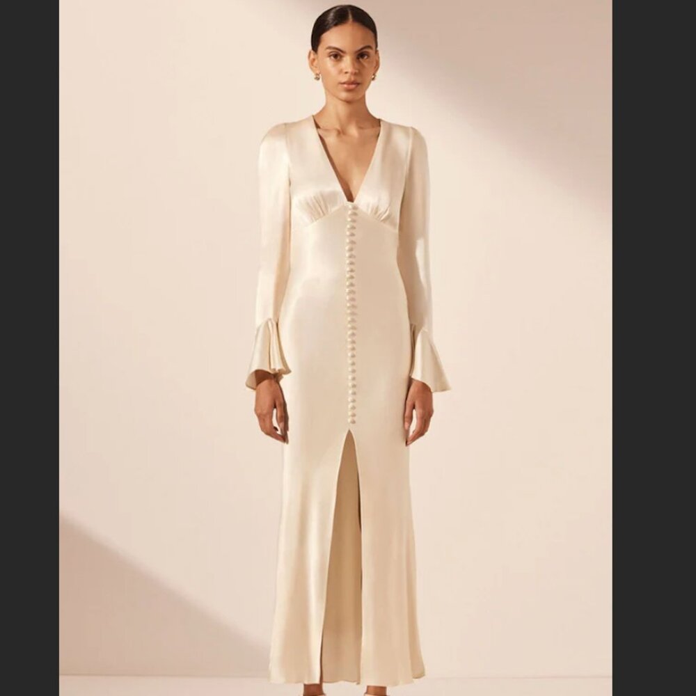 Shona Joy La Lune Frill Cuff Bias Midi Dress in Cream - Size 6